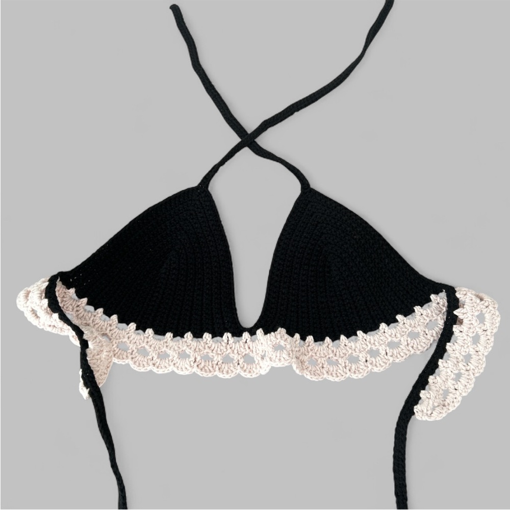 Elegant Black and Cream Crochet Bikini Top